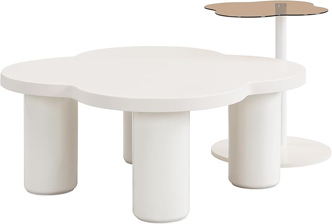 Modern Coffee Table Set of 2, Irregular Petal-Shaped Center Table with Roman Column Legs,Glass Top and Solid Surface,End Tables for Living Room, Easy Assembly Contemporary Home Decor,White