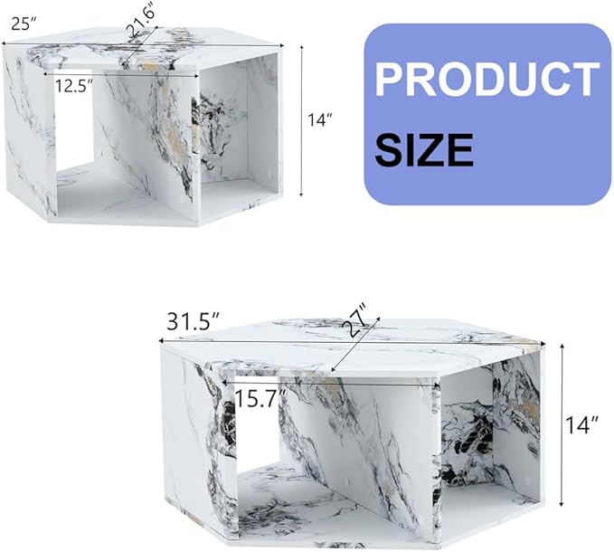 Faux Marble Coffee Table Set for 2, Modern Living Room Table Set, White Center Table Set, No Assembly Required - Ready to Use