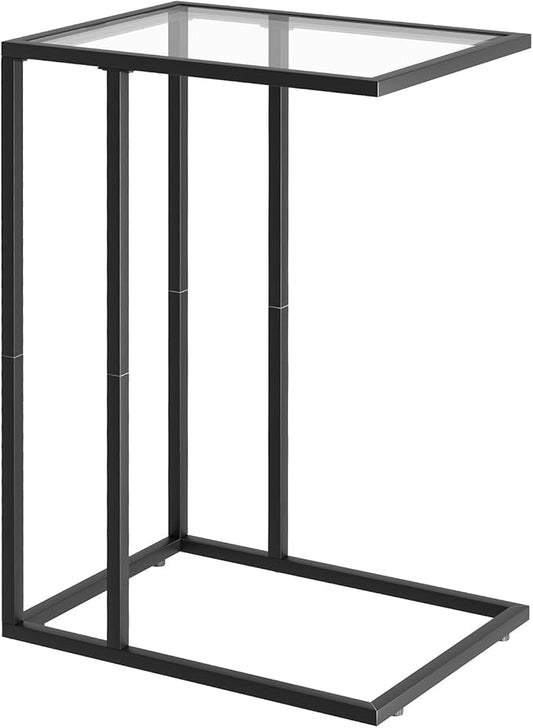 C Shaped End Table,Small Sofa Couch Side Table, Tempered Glass Snack TV Tray Table with Metal Frame for Small Space,Living Room, Bedroom, Bedside,Modern Style, Black,