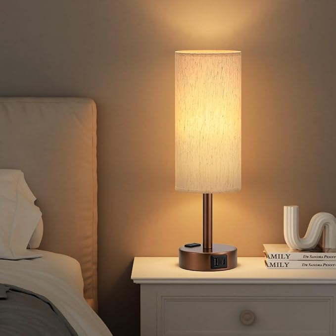 Brown Bedside Table Lamp for Bedroom - 3 Way Dimmable Touch Lamp USB C Charging Ports and AC Outlet, Small Lamp Round Flaxen Cream Fabric Shade for Living Room, Desk, LED Bulb Included