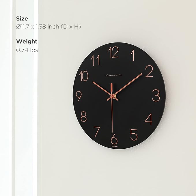 mooas Flatwood Black Wall Clock,12" Non-Ticking Sweep Movement Decorative Modern Battery Operated Decorative Wall Clock for Home Living Room Kitchen Bedroom Office School Cafe Hotel (Black)