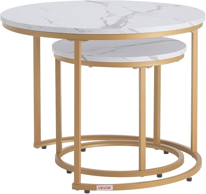 VEVOR Nesting Tables, Coffee Table Set of 2, 23.6 inch Round Coffee Table, Small Coffee Tables Night Stand with Metal Frame, for Living Room, Bedroom, Office (White & Gold)