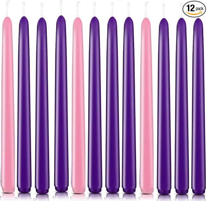 12 Pack Advent Taper Candles Set (9 Purple, 3 Pink) - 10 Inch Dripless & Smokeless Candlesticks, 8-Hour Unscented Wax for Holiday, Wedding, Dinner & Home Decor