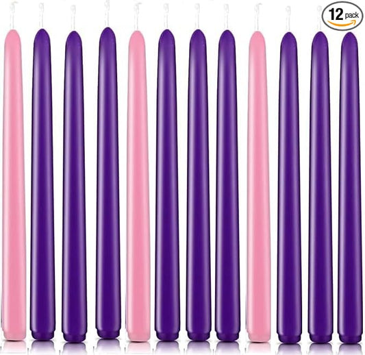 12 Pack Advent Taper Candles Set (9 Purple, 3 Pink) - 10 Inch Dripless & Smokeless Candlesticks, 8-Hour Unscented Wax for Holiday, Wedding, Dinner & Home Decor