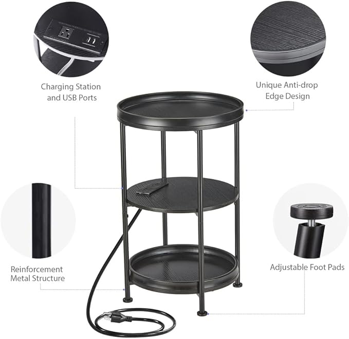 Dulcii Round Side Table with Charging Station, 24'' End Table with 3 Shelves for Living Room, Bedroom Nightstand with Steel Frame for Small Spaces, Industrial Round Sofa Table (USB+Black)