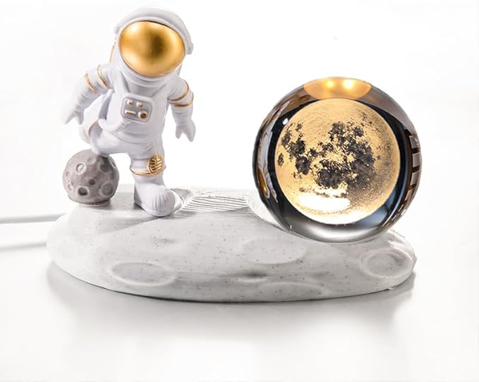 3D Astronaut Crystal Ball Night Light, 3D Inner Carved Crystal Ball Night Lamp, Glowing Crystal Ball with LED Light Base, Color Changing Light & Kids Birthday Gift (Gold, Moon)