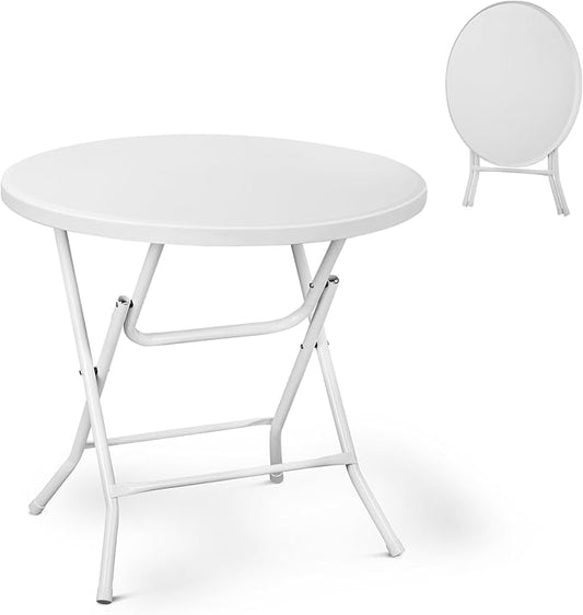 Athena Collection 2.6ft Plastic Folding Dining Table, Portable Round Card Table with Steel Legs for Indoor Outdoor, Foldable Heavy Duty for Camping Party, White