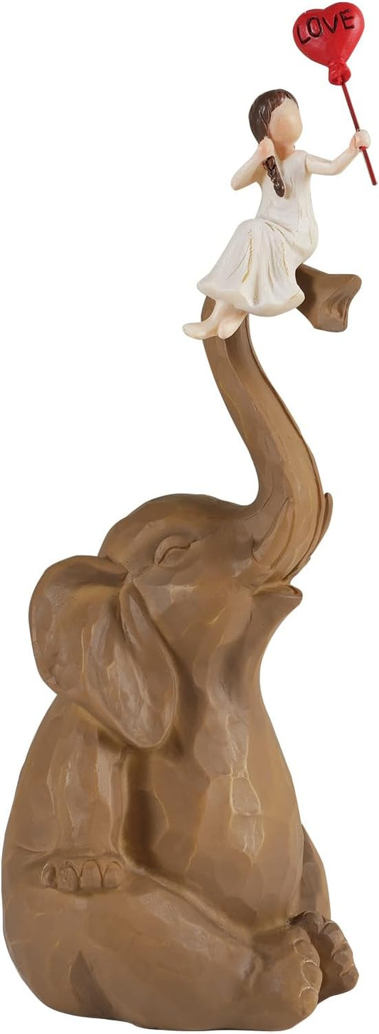 Elephant Statue Home Decor - Handmade Resin Sculpture Girl with Love Balloon Sitting on Elephant Figurines, Gifts for Women Girl Birthday (Brown)