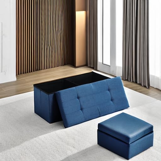 CUYOCA Storage Ottoman Bench Foldable Seat Footrest Shoe Bench End of Bed Storage with Flipping Lid, 75L Storage Space, 30 inches Linen Fabric Dark Blue