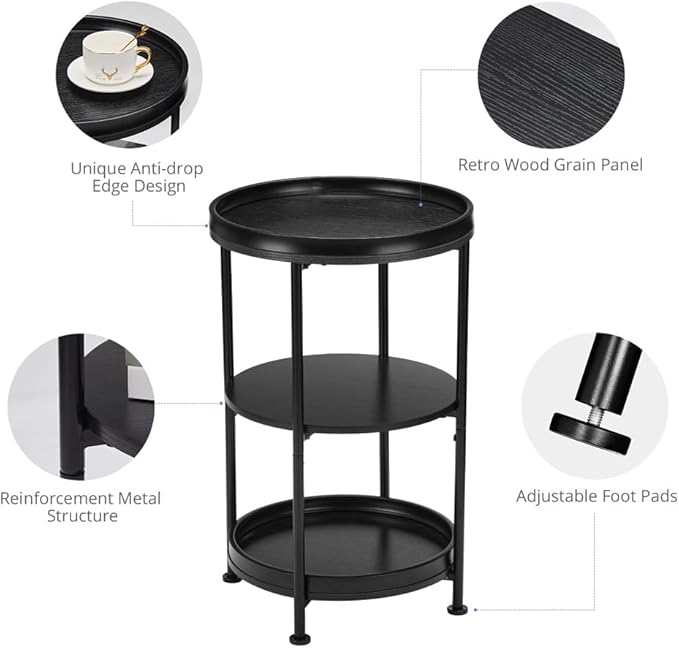 Dulcii Side Table, Round End Table with 3 Shelves for Living Room, Bedroom, Nightstand with Steel Frame for Small Spaces, Industrial Round Sofa Table, Outdoor Accent Coffee Table, Black