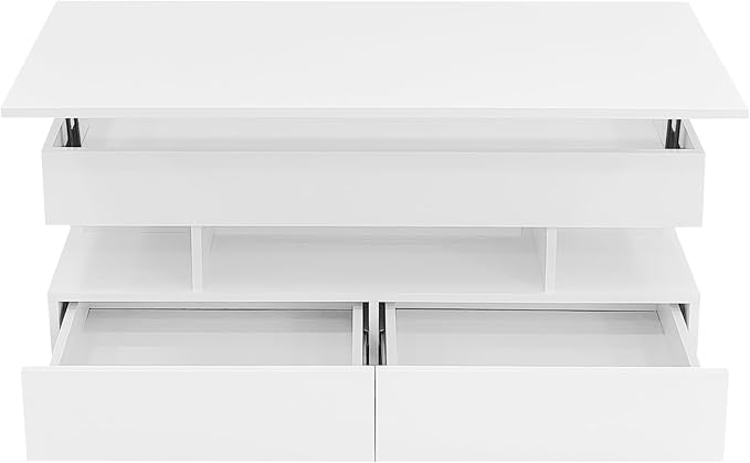 Lift Top Coffee Table with 2 Drawers and LED Lights, Modern 39.3" Rectangular High-Gloss Center Table Cocktail Tea Table with Lift-Top and Hidden Space for Living Room Apartment White