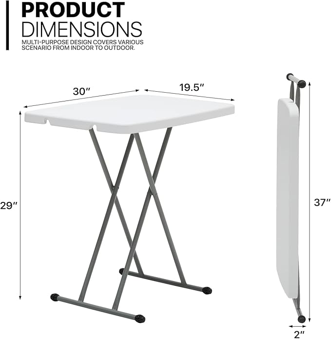 MoNiBloom TV Tray Folding Table 30" Height Adjustable, Portable Indoor/Outdoor Picnic Partiestable and Laptop Square White Small Table with X Legs