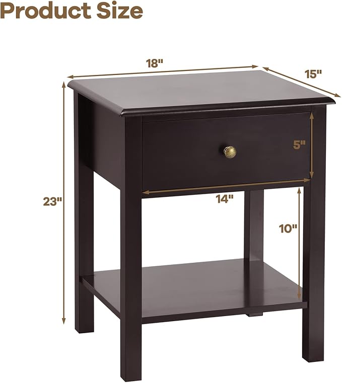 Giantex Nightstand, 2-Tier End Table with Drawer and Open Storage Shelf, Modern Bedside Tables, Wooden Side Table Night Stand for Bedroom, Dorm, Small Spaces, Easy Assembly, Espresso