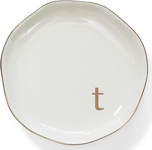 HOME SMILE Initials Ring Dish Jewery Tray with Personalized T-Monogrammed Engagement Wedding Gifts for Friends,Sister,Birthday Christmas Gifts for Women,Ceramic White