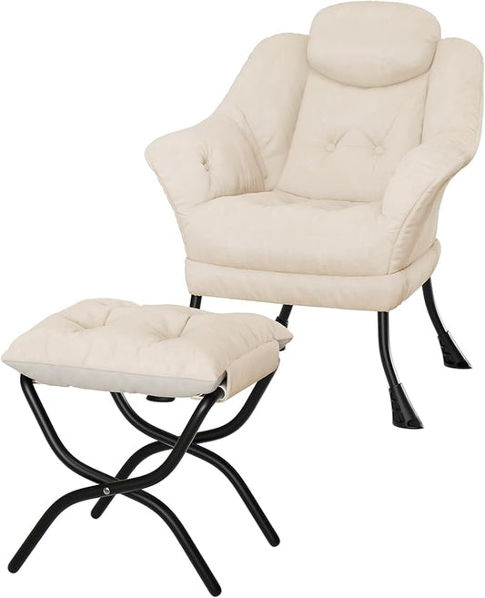 Living Room Chair Modern Accent Chair with Ottoman, Ergonomic Support, Foldable Footrest, Removable Washable Cover, Perfect for Bedroom and Living Room, Beige