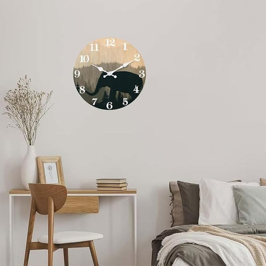 XFM Elephant Wall Clock 12 Inch Silent Wall Clocks Battery Operated Farmhouse Wooden Clock Decorative for Kitchen Living Room Bedroom Bathroom