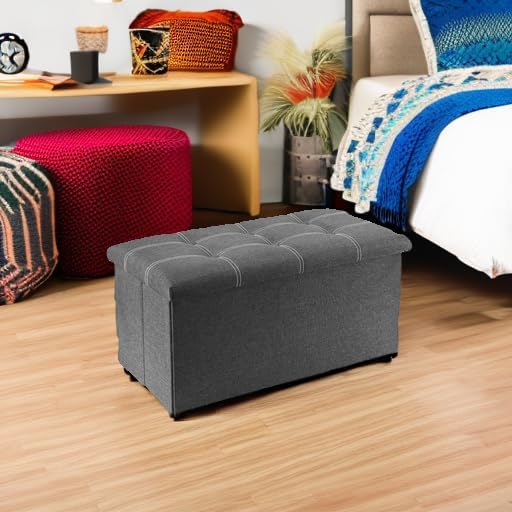 YOUDENOVA 30 inches Folding Ottoman, Ottoman with Storage Footrest Seat Support 350lbs, Storage Bench for Living Room Bedroom, Linen Fabric Grey