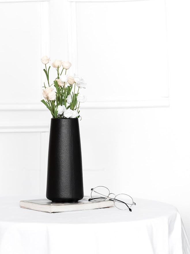 10" Black Vase - Tall Black Ceramic vase for Flower, Simple Matte Black Vases for Pampas Grass, Minimalist Farmhouse Boho vases for Centerpieces, Home Decor, Bathroom Decor
