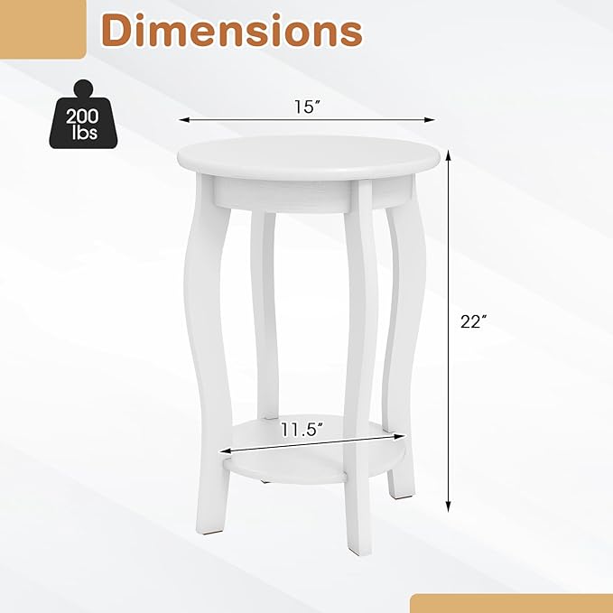 GOFLAME 2-Tier Round End Table, Mid-Century Modern Sofa Side Table with Storage Shelf, Solid Wood Legs, Compact Accent Table, Nightstand for Living Room, Bedroom, Small Space, White