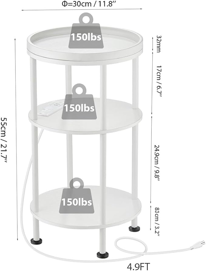 Small Round End Table with Charging Station, 3-Tier Accent Couch Beside Table with USB Ports & Power Outlets, Sofa Side Table for Living Room Small Nightstand Bedroom (USB Charger, White)