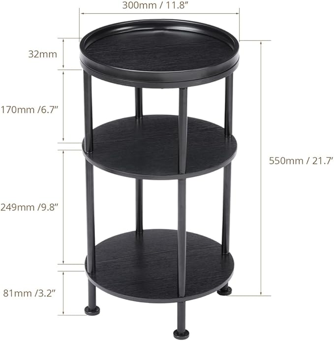 Small Round Side Table with Tray Top, 3-Tier Black End Table for Living Room & Bedroom, Modern Metal Nightstand with Storage Shelf, 11.8" Narrow Accent Table for Small Spaces, Balcony, Classic Black