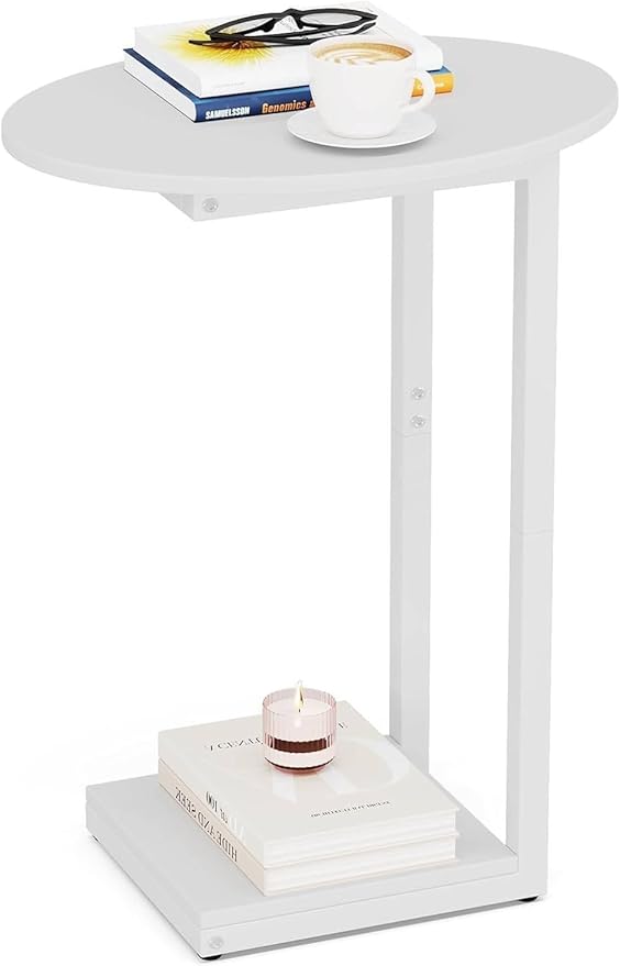 Hosfais Small Side Table End Table, C Shaped Oval Coffee Table, Wooden TV Tray for Living Room, Bedroom, Couch, Small Spaces (White)