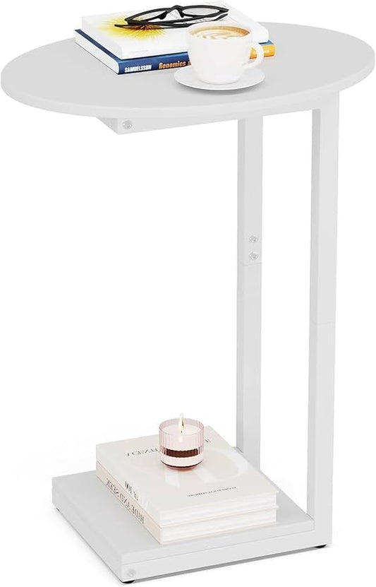 Hosfais Small Side Table End Table, C Shaped Oval Coffee Table, Wooden TV Tray for Living Room, Bedroom, Couch, Small Spaces (White)