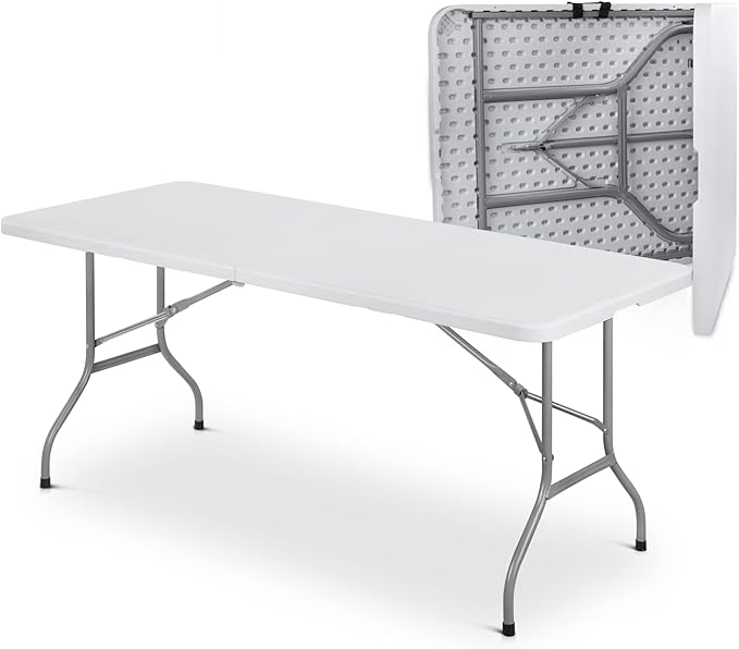 MoNiBloom 6Ft Folding Table, Heavy Duty Portable Plastic Dining Tables Fold in Half Indoor Outdoor Desk w/Handle, Lock for Camping Picnic Party, White