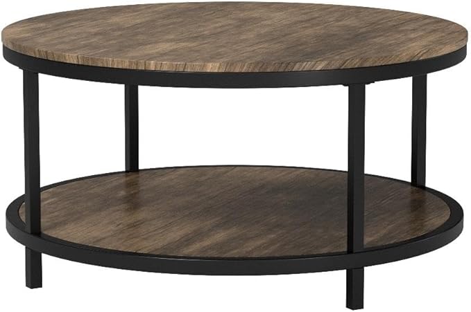 WiberWi Round Coffee Table 35.8" Circle Coffee Tables for Living Room Rustic Industrial Cocktail Table with Sturdy Metal Frame and Open Storage Shelf, Easy Assembly, Gray Brown