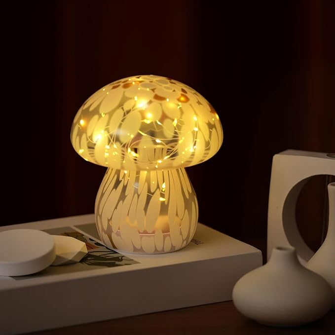 Small Glass Mushroom Table Lamp Night Light Bedside Desk Lamp for Bedroom Nightstand Light-White