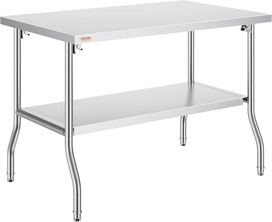 VEVOR Commercial Worktable Workstation 48x30 Inch Folding Commercial Prep Table, Double-Shelf Stainless Steel Folding Table, Kitchen Work Table with 772 lbs Load Silver Stainless Steel Kitchen Island