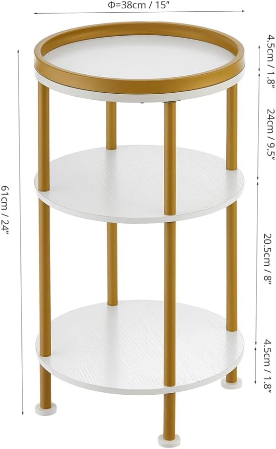 Small Round Side Table, Gold Round End Table with White Shelves, 3-Tier Modern Nightstand for Bedroom & Living Room, 21.7" H Narrow Gold Accent Table for Small Spaces, Dorm, Nursery (White & Gold)