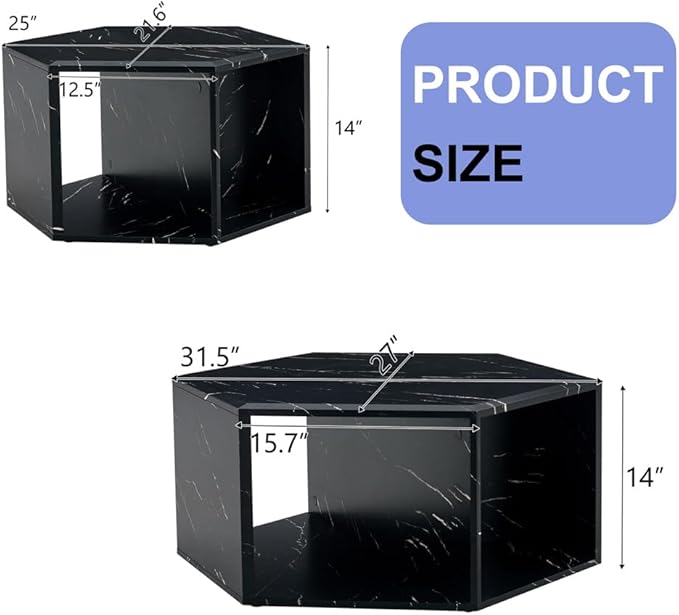 Faux Marble Coffee Table Set for 2, Modern Living Room Table Set, Black Center Table Set, No Assembly Required - Ready to Use