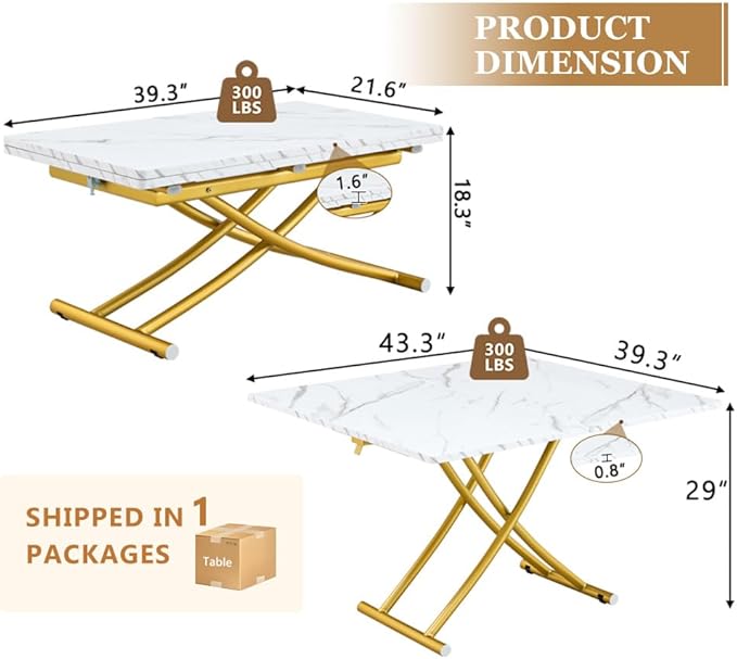 4 in 1 Folding Dining Table with Adjustable Lift Top & Wheels, Multi-Function Coffee Table to Dining Table for Apartments, Kitchens, Living Rooms, Scratch-Resistant & Easy Assembly
