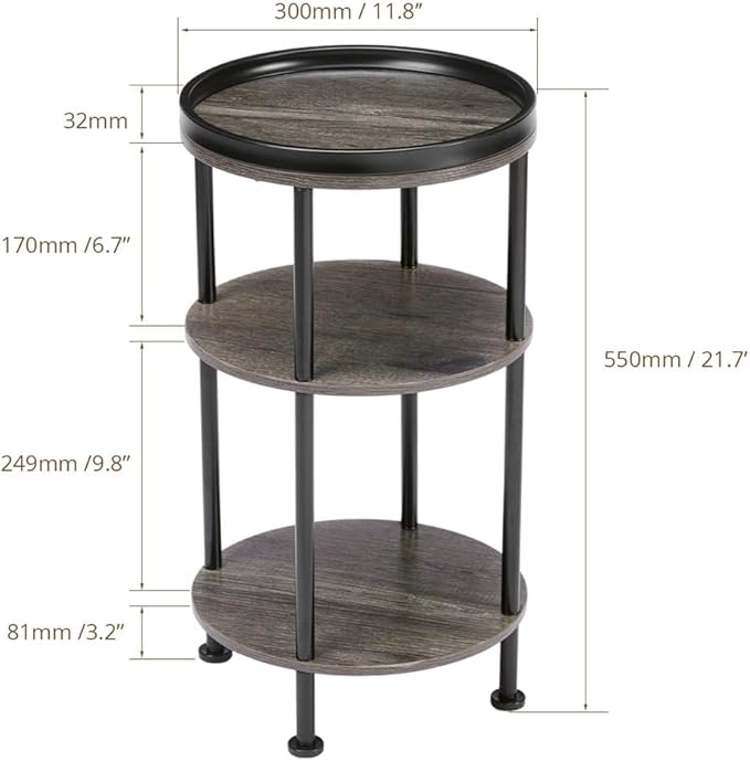 Small Round Side Table, Rustic Grey End Table with Tray Top, 3-Tier Greige Nightstand for Living Room & Bedroom, 11.8" Narrow Corner Table, 21.7" H Industrial Accent Furniture for Small Spaces, Grey