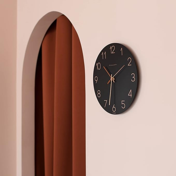 mooas Flatwood Black Wall Clock,12" Non-Ticking Sweep Movement Decorative Modern Battery Operated Decorative Wall Clock for Home Living Room Kitchen Bedroom Office School Cafe Hotel (Black)