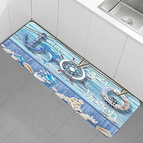 Bath Rugs Sponge Foam Absorbent Soft for Bathroom and Kitchen (47x18 inches), Flannel Mat Non Slip Bright 3D Print for Bedside and Living Room(Nautical Anchor Helmsman)