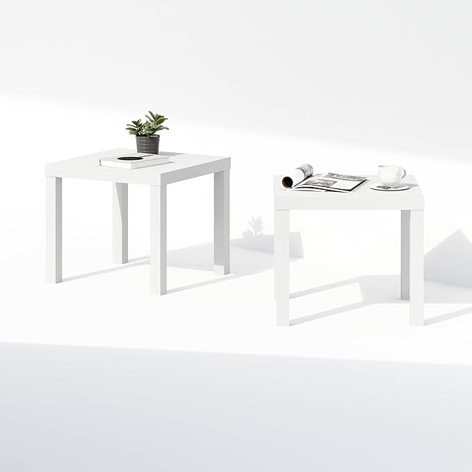 Furinno Classic Coffee Table Set of 2, Square Modern Coffee Table with 1.8" Thick Tabletop, Side Table with 4 Legs, for Living Room, Bedroom, Home Office, White