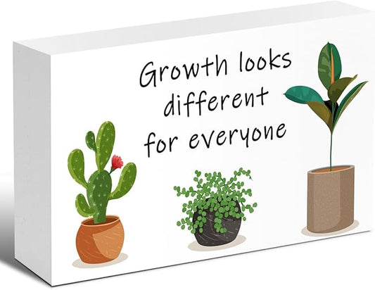 LVQHI Inspirational Wood Block Sign,Growth Looks Different for Everyone Plant Motivational Wooden Block Sign for Home Bedroom Office Desk Table Decor,Inspirational Gift for Coworker Friend 10x6 IN