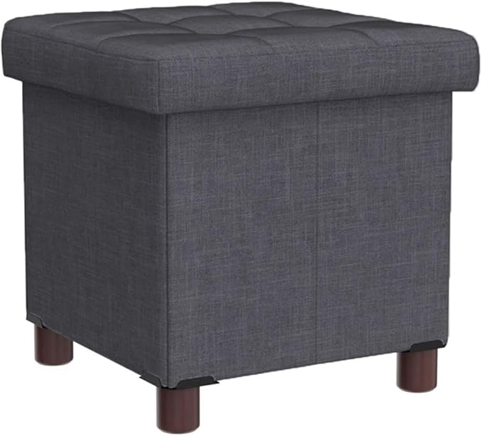 15 Inch Storage Ottoman with Wooden Legs - Cube Foot Rest Stool, Square Footstool, Comfortable Seat with Lid, Foldable Fabric Ottoman, Space-Saving Grey