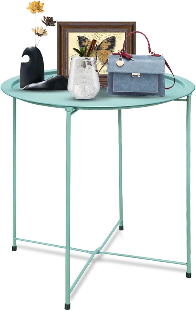 VILAWLENCE Metal End Table Side Table Round Folding Tray Small Accent Fold-able Side Table Tray,Outdoor Side Next to Sofa Table, Snack Table for Living Room and Bed Room 18.5 in (Green)
