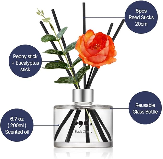 396 st. Peony Flower Reed Diffuser, Black Cherry, 200ml(6.7oz) / Reed Diffuser Sets, Home Fragrance, Scented Oils, Home & Bathroom Décor
