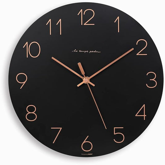 mooas Flatwood Black Wall Clock,12" Non-Ticking Sweep Movement Decorative Modern Battery Operated Decorative Wall Clock for Home Living Room Kitchen Bedroom Office School Cafe Hotel (Black)