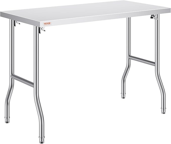 VEVOR Commercial Worktable Workstation 48 x 24 Inch Folding Commercial Prep Table, Heavy-duty Stainless Steel Folding Table with 661 lbs Load, Kitchen Work Table, Silver Stainless Steel Kitchen Island