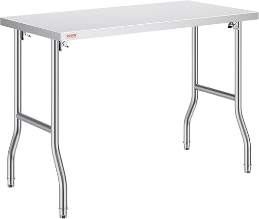 VEVOR Commercial Worktable Workstation 48 x 24 Inch Folding Commercial Prep Table, Heavy-duty Stainless Steel Folding Table with 661 lbs Load, Kitchen Work Table, Silver Stainless Steel Kitchen Island