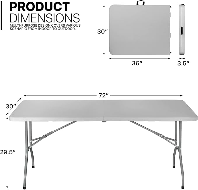 MoNiBloom 6Ft Folding Table, Heavy Duty Portable Plastic Dining Tables Fold in Half Indoor Outdoor Desk w/Handle, Lock for Camping Picnic Party, Gray