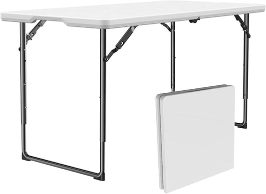 4ft Folding Table with Adjustable Height, Heavy Duty Fold-in-Half Plastic Table with Steel Legs, Portable for Indoor, Outdoor, Picnic, Camping, Dining, Party, White