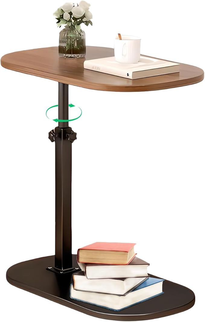 Side Table TV Tray for Couch,Height Adjustable 360° Swivel C Shaped End Table for Small Spaces,Bedside Bathroom Living Room (Walnut Wood)