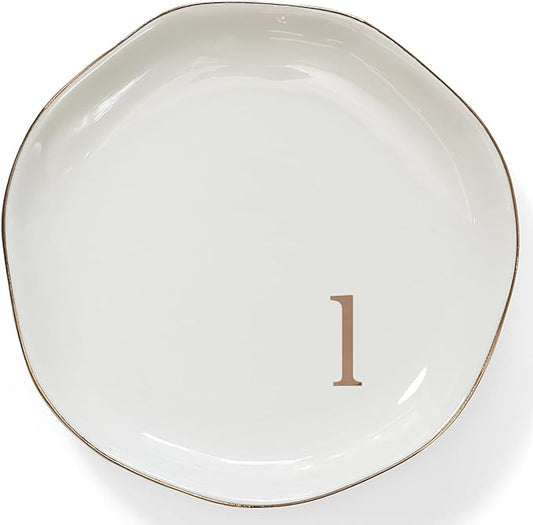 HOME SMILE Initials Ring Dsih Jewery Tray with Personalized L-Monogrammed Engagement Wedding Gifts for Friends,Sister,Birthday Christmas Gifts for Women,Ceramic White