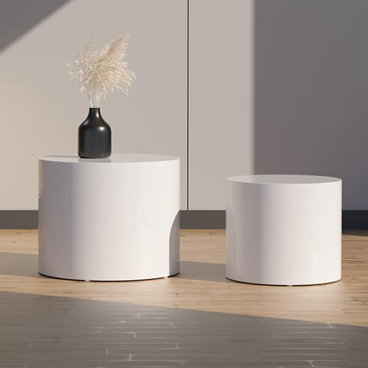 kevinplus Small White Coffee Table Nesting End Table Set of 2 for Living Room, Wood Side Table Round End Table for Bedroom Office, No Assembling (White - Round)